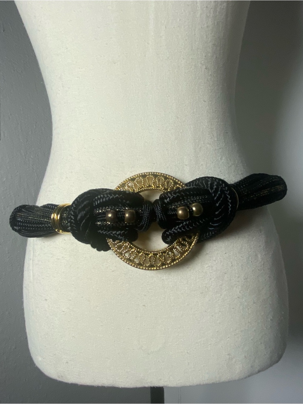 Vintage Whimsygoth Tribal Black Beaded Rope & Gold Hardware Stretch Belt Large